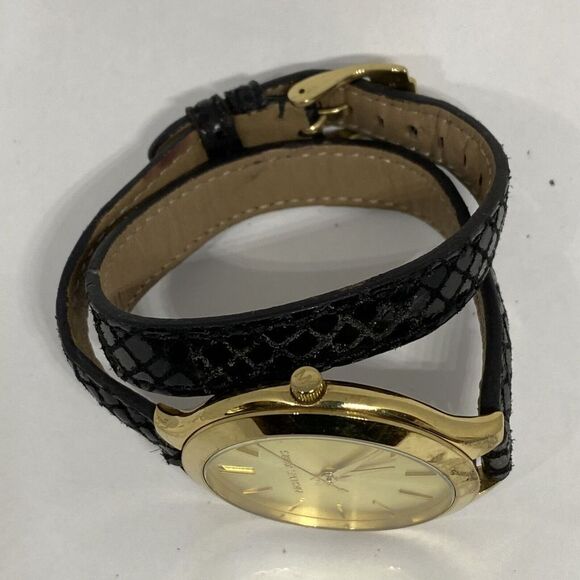 Michael Kors MK2315 Women Black Leather Analog Champagne Dial Quartz Watch XR514 - Picture 8 of 12